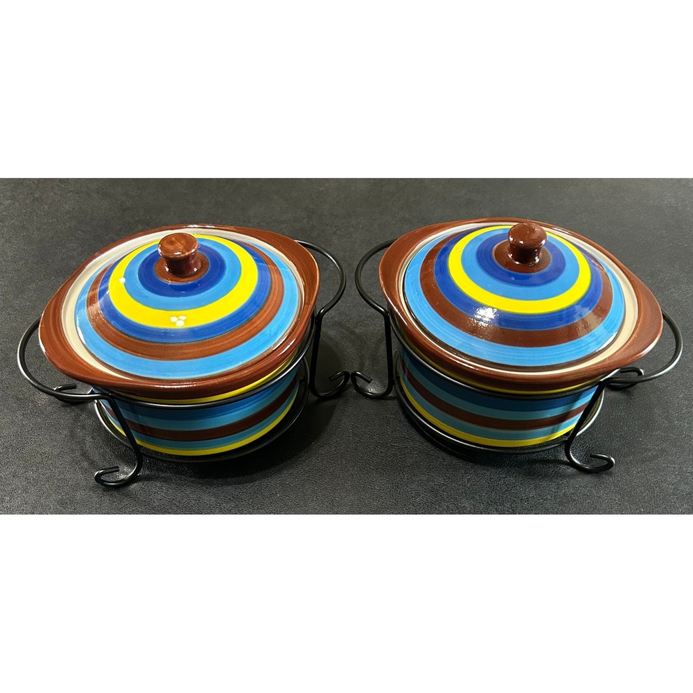 Temptations Mini Casserole Dishes SET/2 Striped Floral Lids & Wire Racks 9 oz‎